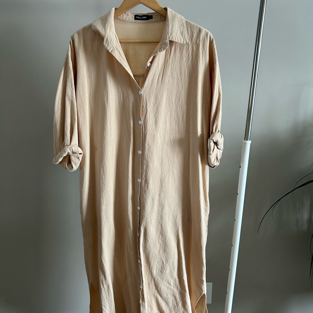Beige Long Sleeve Shirt Dress